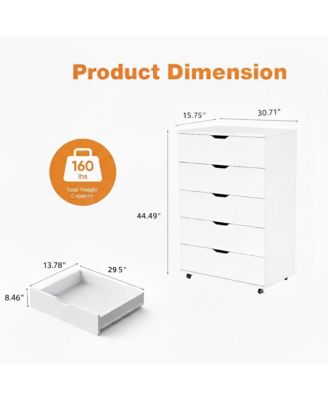 White 5-Drawer Dresser with Wheels – Modern Storage Cabinet