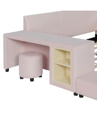  Queen Size Upholstered Grounded Bed with Bedside Desk and Stool