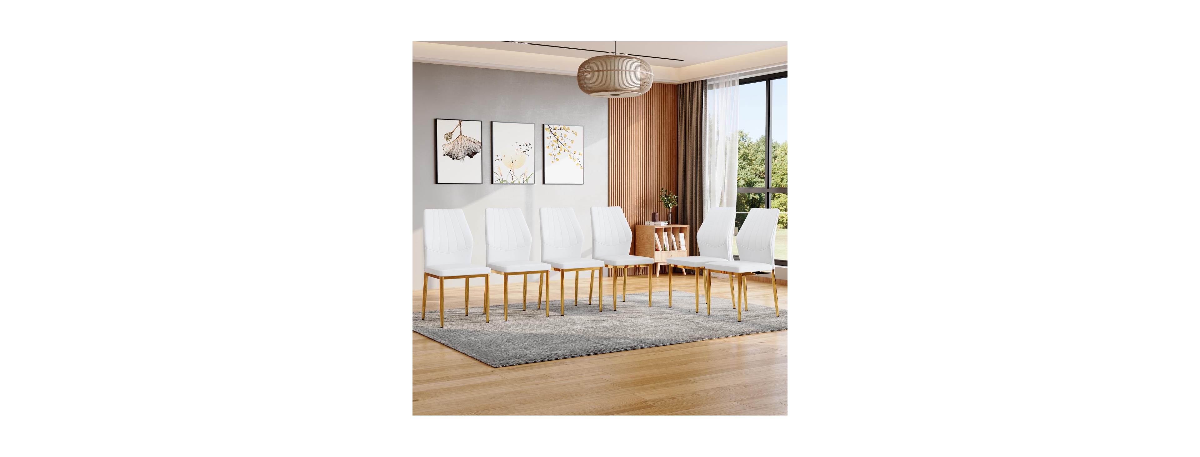 Streamdale Set of 6 Gold and White Dining Chairs, 37'' High, Ergonomic Pu Backrest