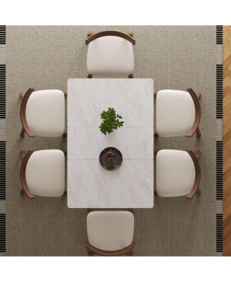 Retractable Rock Slab Dining Table Set, 7-Piece Expandable Table with 6 Chairs & Leather Base