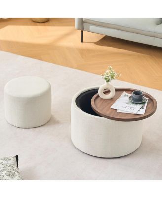 Streamdale Ball & Cast Nesting Storage Ottomans (2-pc), Linen Upholstered w/Wood Tray, Beige