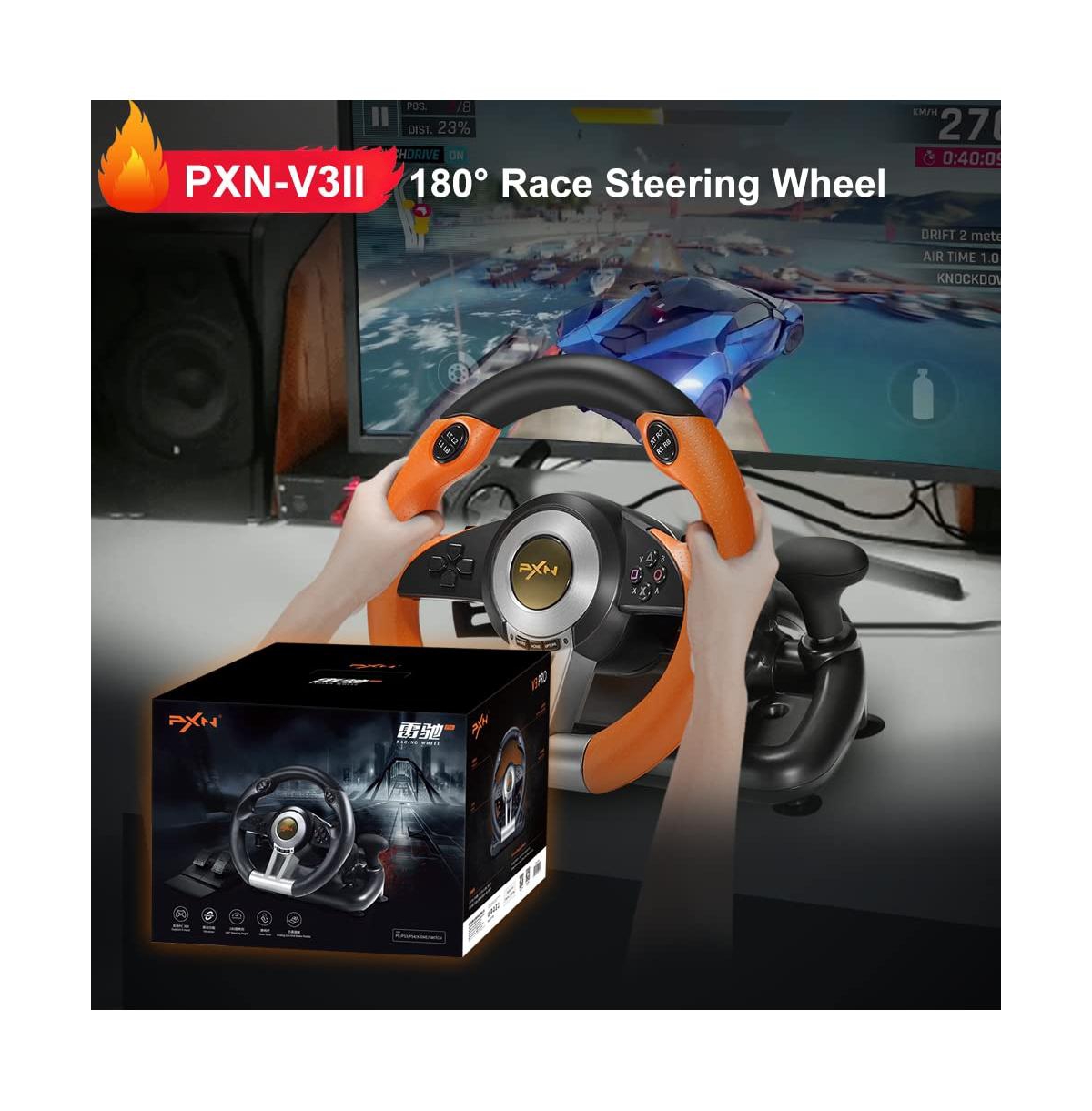 Pxn V3 Pro 180 Usb Orange Racing Wheel With Pedals.
