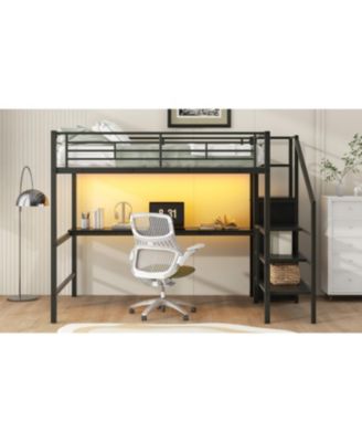 Metal Loft Bed with Desk, Storage Staircase & Wardrobe