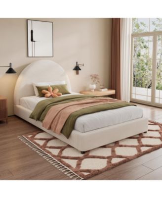 Twin Size Bed Frame With Boucle Upholstered Round Curved Headboard
