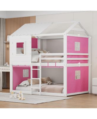 Full Size Bunk Wood House Bed with Tent
