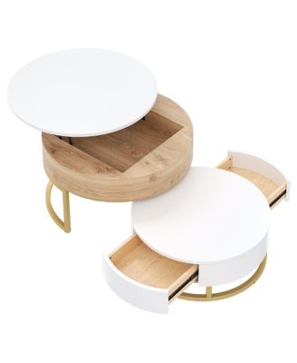 Modern Round Lift-top Nesting Coffee Tables with 2 Drawers