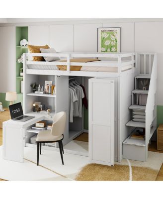 Full Size Loft Bed with Wardrobe, Desk and Shelves