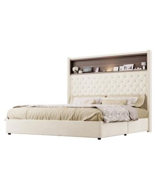 Queen Size Velvet Tufted Bed Frame with USB & Night Light