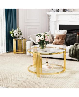 Living Room Table Set: 3-Piece Round Glass & Gold Metal Tables