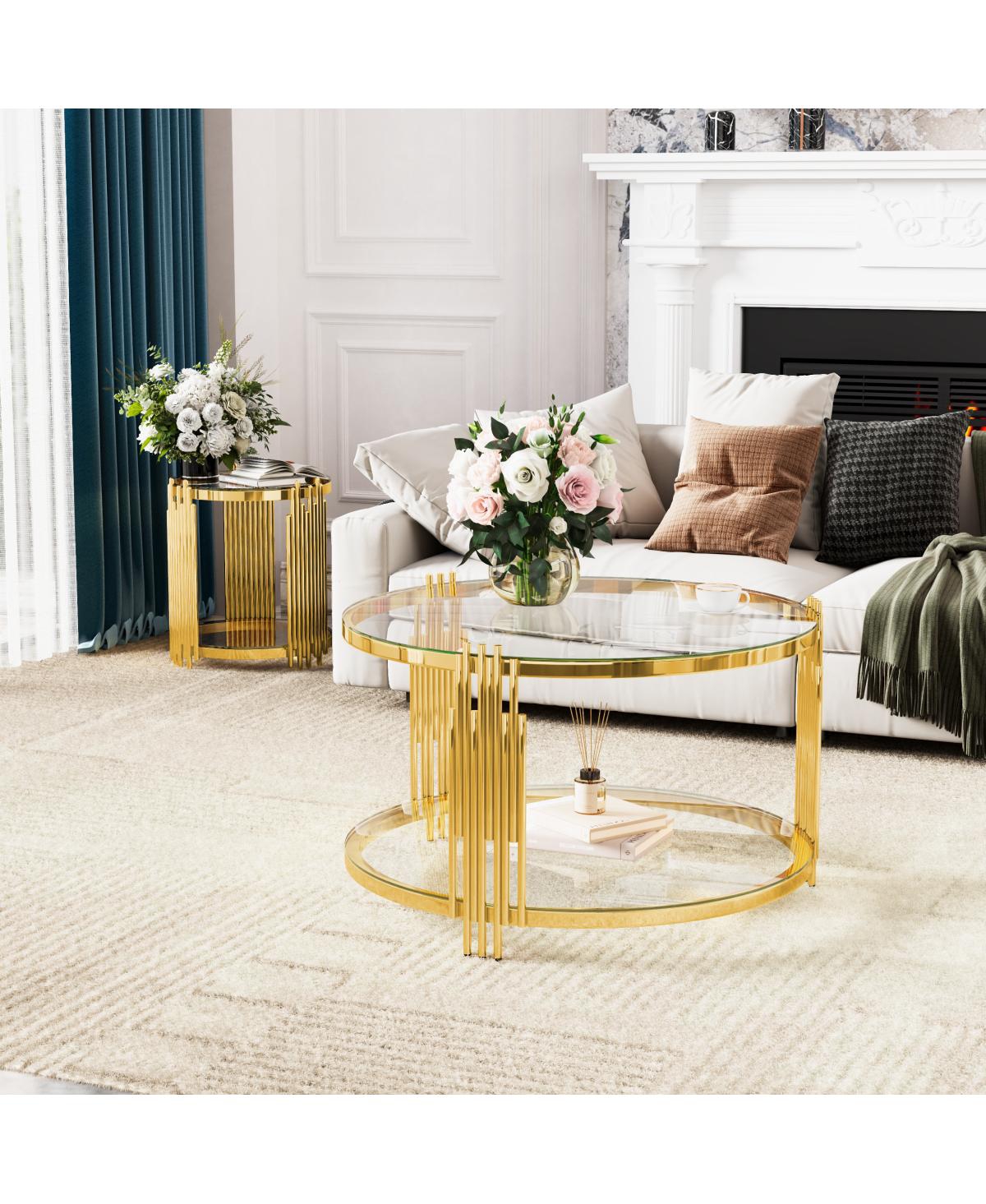 Streamdale Furniture Living Room Table Set: 3-Piece Round Glass & Gold Metal Tables