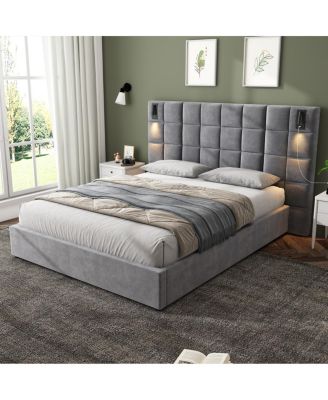 Queen Size Velvet Upholstered Bed Frame with USB Port