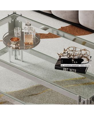 Double Layer Tempered Glass Coffee Table with Mirror Stainless Steel Frame