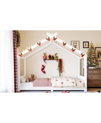 Twin House Floor Bed with Slats, Solid Wood House Bed Frame for Kids, White