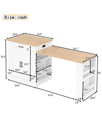 Extendable Island console with drawers, cabinet, and shelving