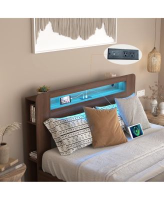 Wood Platform Bed Frame Full Size with Storage Drawers & LED Headboard