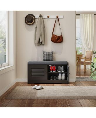 Streamdale Shoe Storage Bench with 2 Door Cabinet and Cushion, Adjustable Shelves