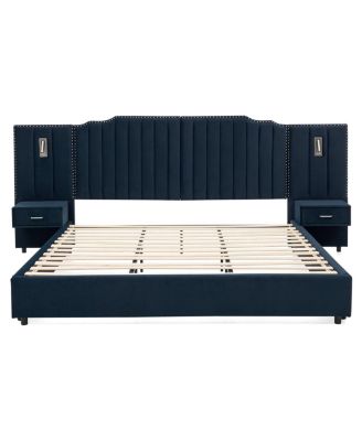 King Size Velvet Upholstered Bed Frame with Vertical Stripes & Headboard