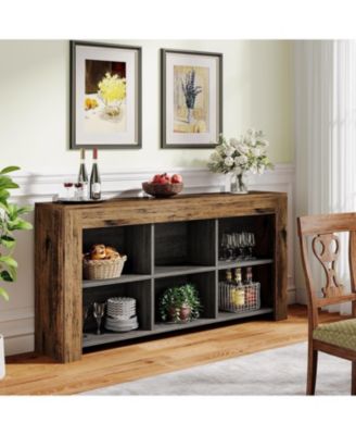 63-Inch Long Console Table, Rustic Wood Entryway Table with 6 Storage Cubes, Industrial Narrow Sofa Table Behind Couch Table