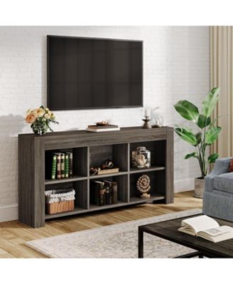 63-Inch Long Console Table, Rustic Wood Entryway Table with 6 Storage Cubes, Industrial Narrow Sofa Table Behind Couch Table