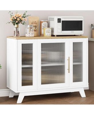 36 Inch Sideboard Buffet, Decorative Cabinet with Fluted Glass Doors and Adjustable Shelves, Modern Coffee Bar Cabinet for Kitchen, Dining Room