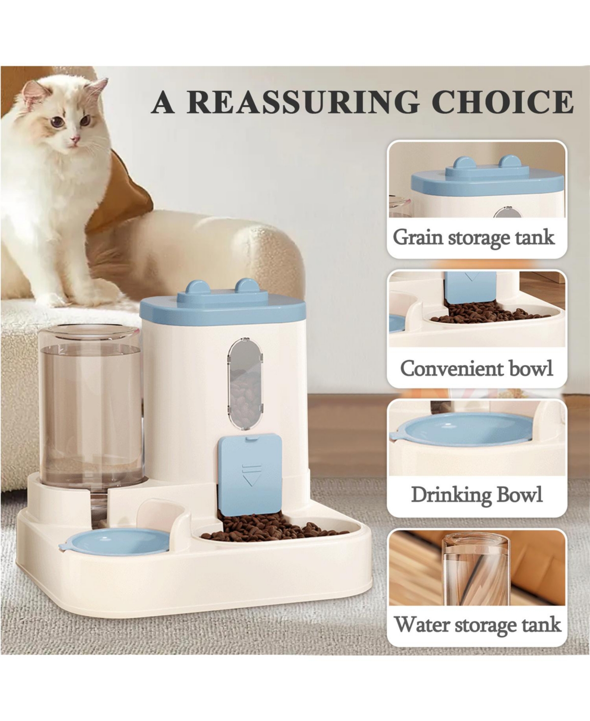 Aostirmotor Cat Ear Automatic Pet Feeder & Waterer, 1500ML Food + 800ML Water, Small Size