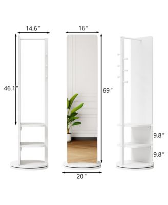 360&deg; Rotating 69"x16" Multifunctional Full-Length Mirror with Hook Storage Rack Coat Rack with Mirror Solid Wood Floor Mirror