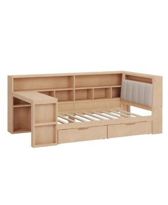 Twin L-shaped Wooden Daybed with Desk, Storage, LED Light