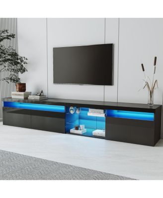 Design TV Stand w/ 2 Glass Shelves, Storage, LED Lights