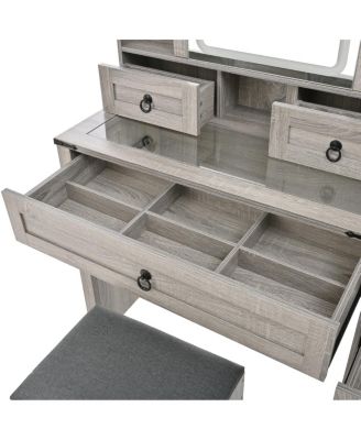 Farmhouse Vanity Desk with Sliding Mirror, Lights, Charging