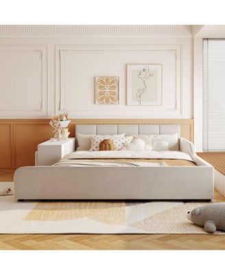 Upholstered Grounded Bed with Bedside Desk & Stool