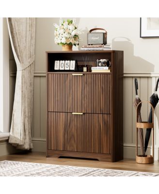 Shoe Cabinet Storage with 2 Flip Drawers, Walnut, 31.6" L x 9.6" W x 40" H