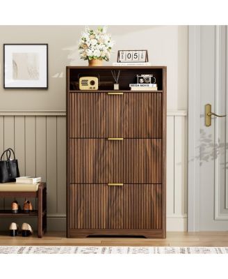 Walnut Shoe Cabinet with 3 Flip Drawers, 31.6" L x 9.6" W x 54.4" H