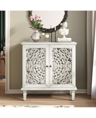 Vintage Carved 2-Door Accent Cabinet with Floral Design (Antique Gray White
