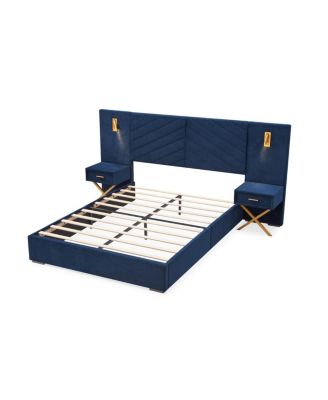 Queen Velvet Bed Frame with Wingback Headboard, No Box Spring Needed