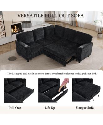 L-Shaped Sofa Bed with Storage & USB, Charcoal Gray