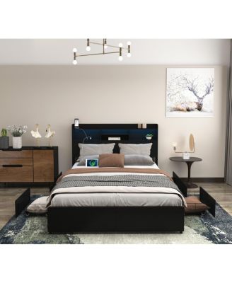 Queen Bed Frame with 6 Storage Drawers, LED, Charging Station, Black