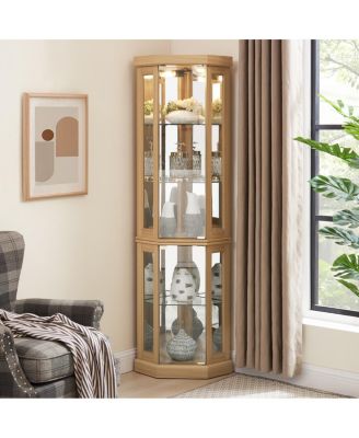 Lighted Corner Curio Cabinet Display Case for Living Room, Wine, Bar Storage, Light Oak