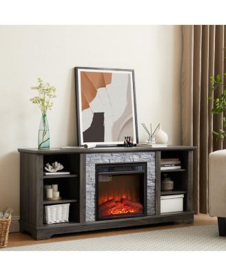 Electric Fireplace Stone TV Media Stand with Faux Stacked Stone Surround, Gray, 58.31"W
