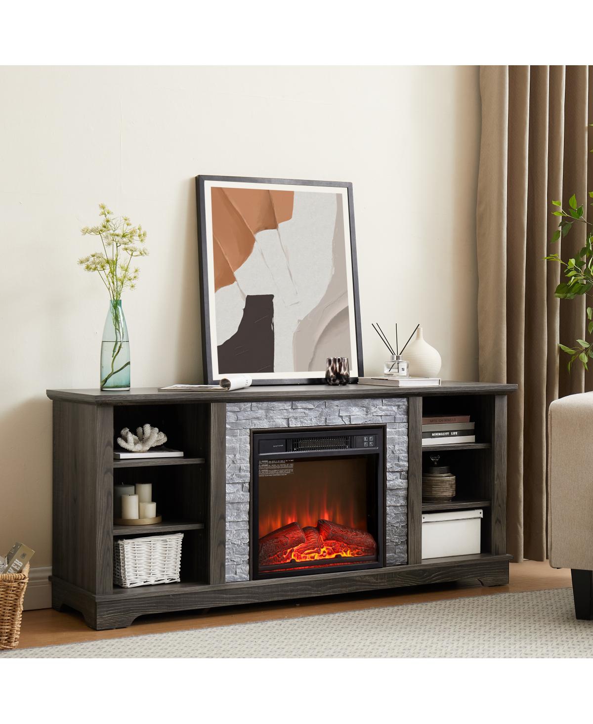 Streamdale Furniture Electric Fireplace Stone Tv Media Stand with Faux Stacked Stone Surround, Gray, 58.31"W