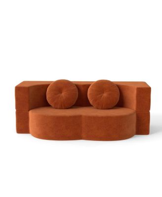 Modern Floor Sofa with 2 Pillows, Convertible Plush Corduroy Sleeper Sofa Bed