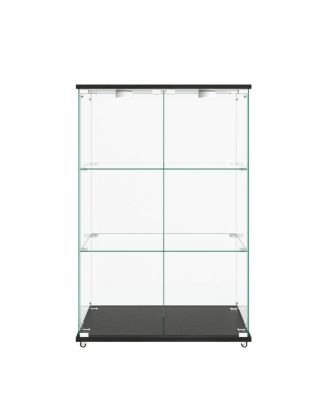 Modern LED Glass Display Cabinet, 2-door 3-shelf, Transparent+Black