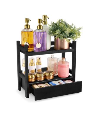 2-Tier Bamboo Counter Organizer with Drawer Bamboo for Vanity, Matcha Station, Bathroom Sink Organizer Countertop, Kitchen & Office Storage