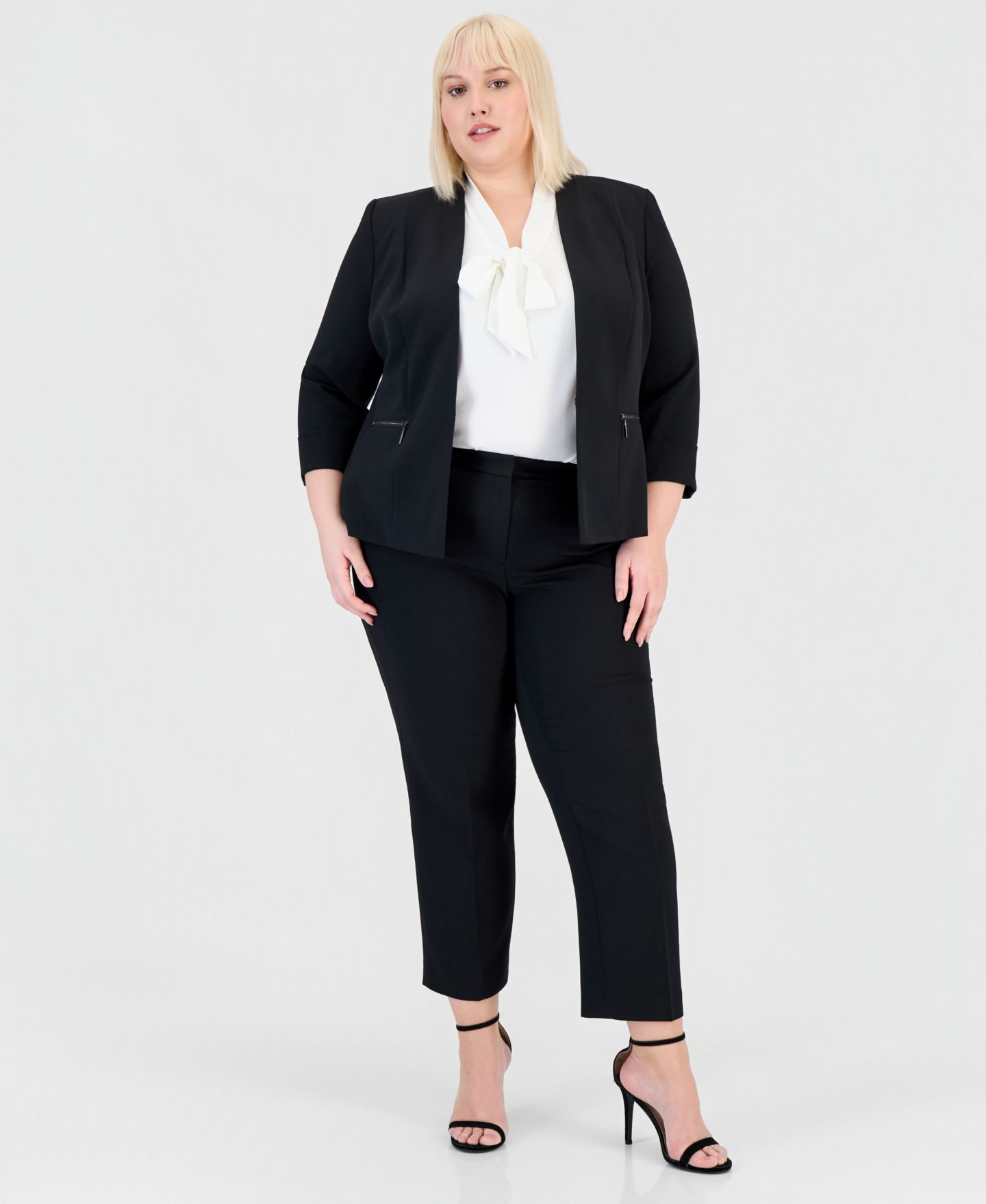 Женские комплекты Kasper Plus Size 3/4-Sleeve Blazer & Straight-Leg Pants, цвет: Чёрный — фото 1