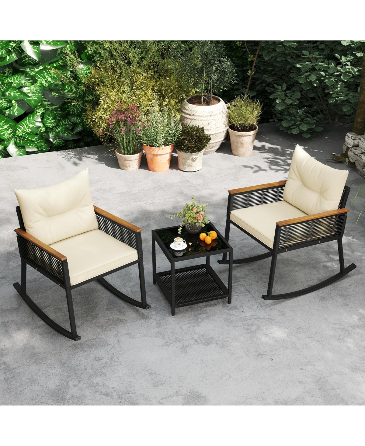 Slickblue 3PCS Patio Rocking Bistro Set with 2-Tier Table for Outdoor Use