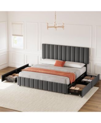 Upholstered Platform Bed Frame with 4 Drawers, Button Tufted Headboard/Footboard, Sturdy Metal Support, No Box Spring Required - King