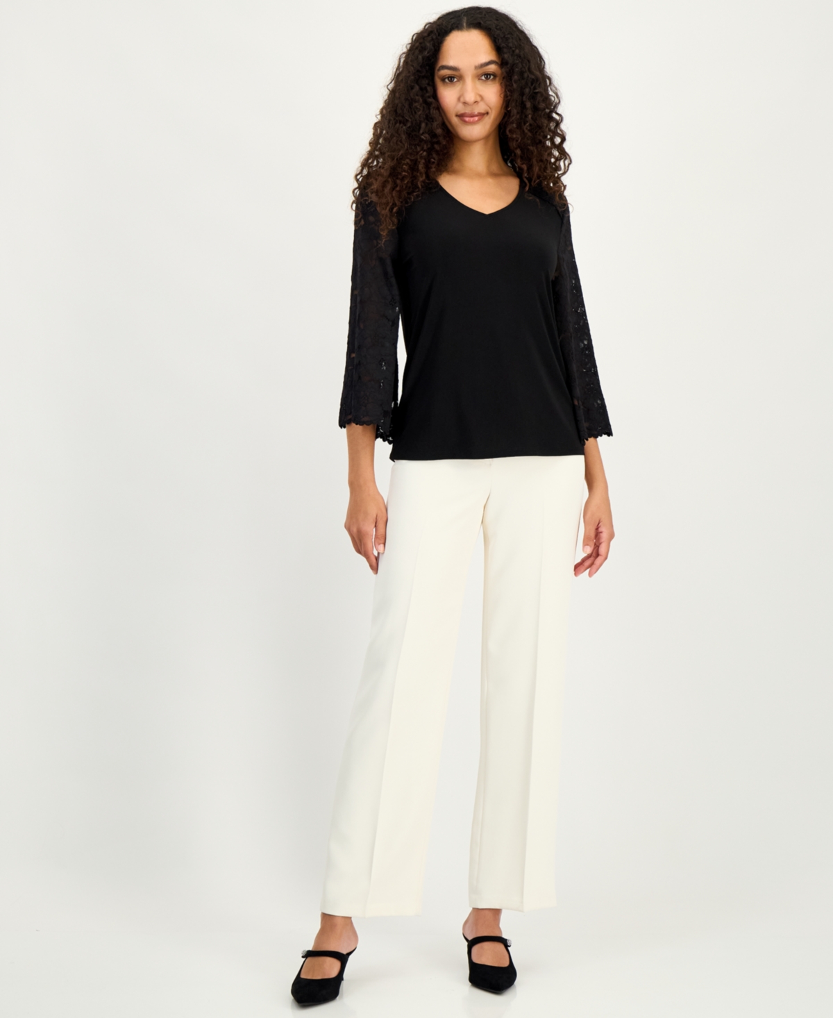 Kasper Women's Lace-Sleeve V-Neck Top