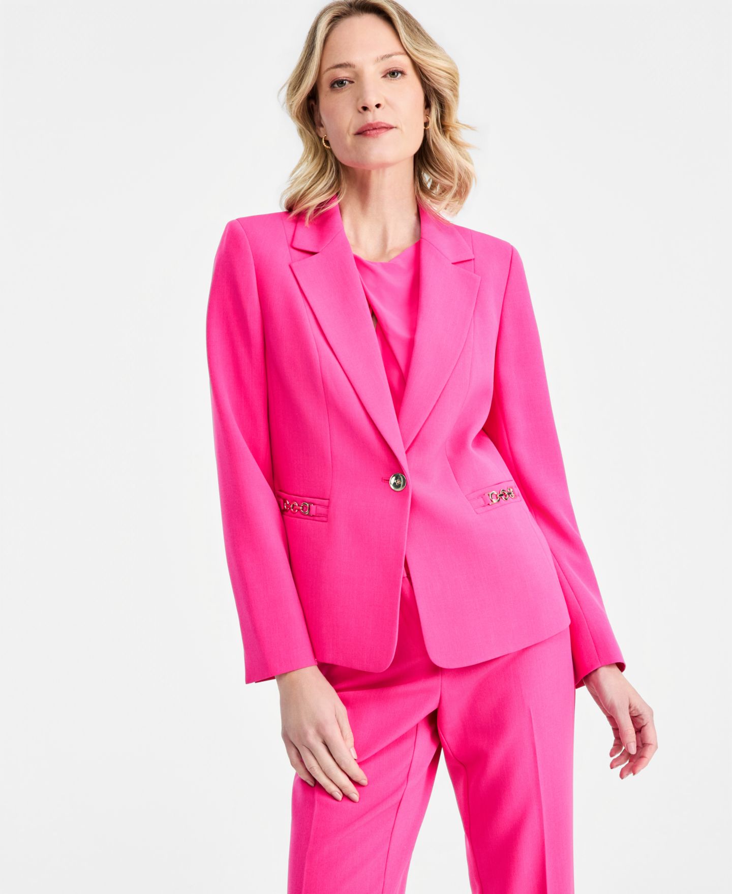 Женский пиджак Kasper Petite One-Button Chain-Trim Blazer, цвет: Розовый — фото 1
