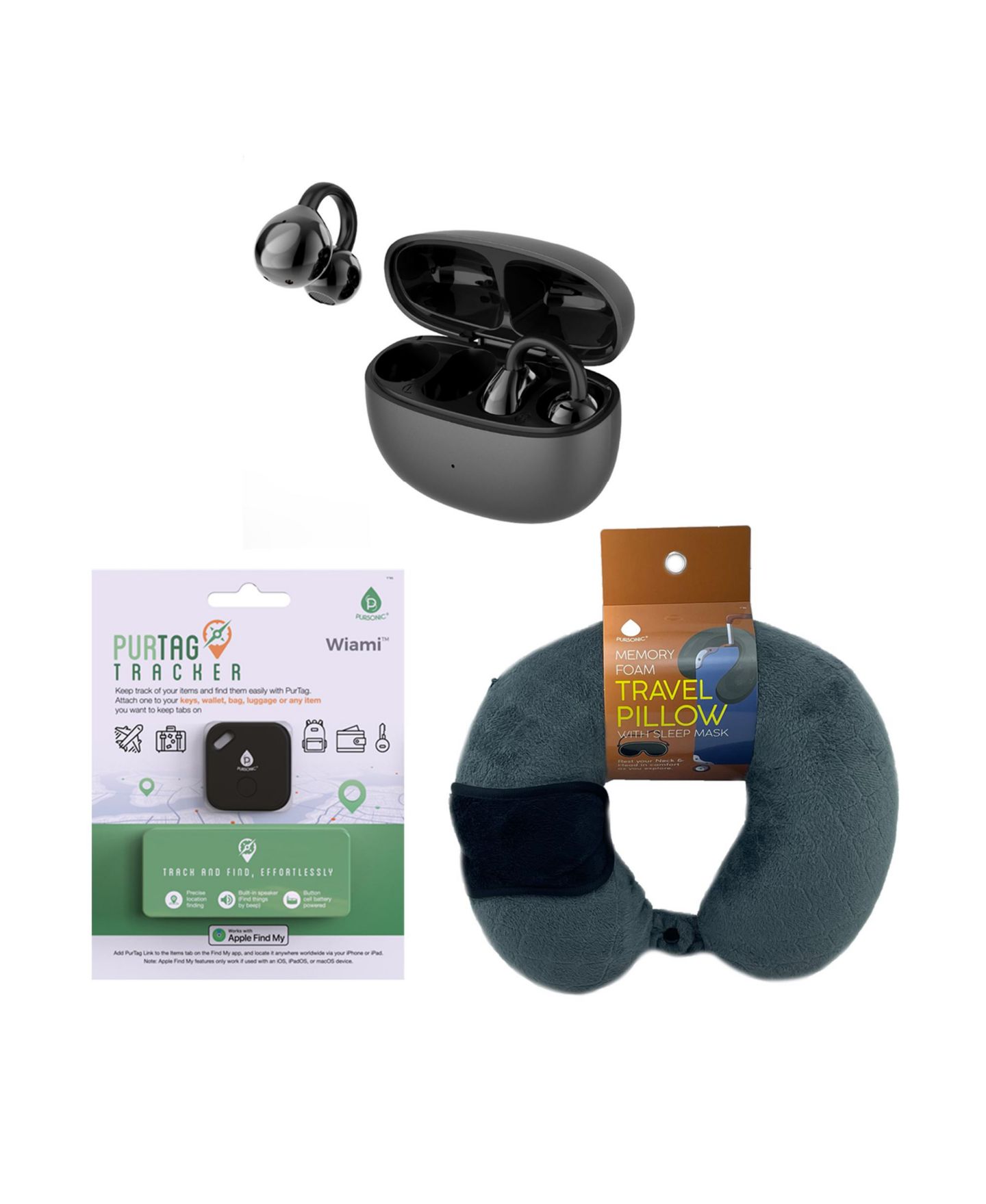 PURSONIC Ultimate Travel Essentials Bundle – Wireless Earbuds, Purtag Tracker & Memory Foam Travel Pillow Set, цвет: Чёрный — фото 1