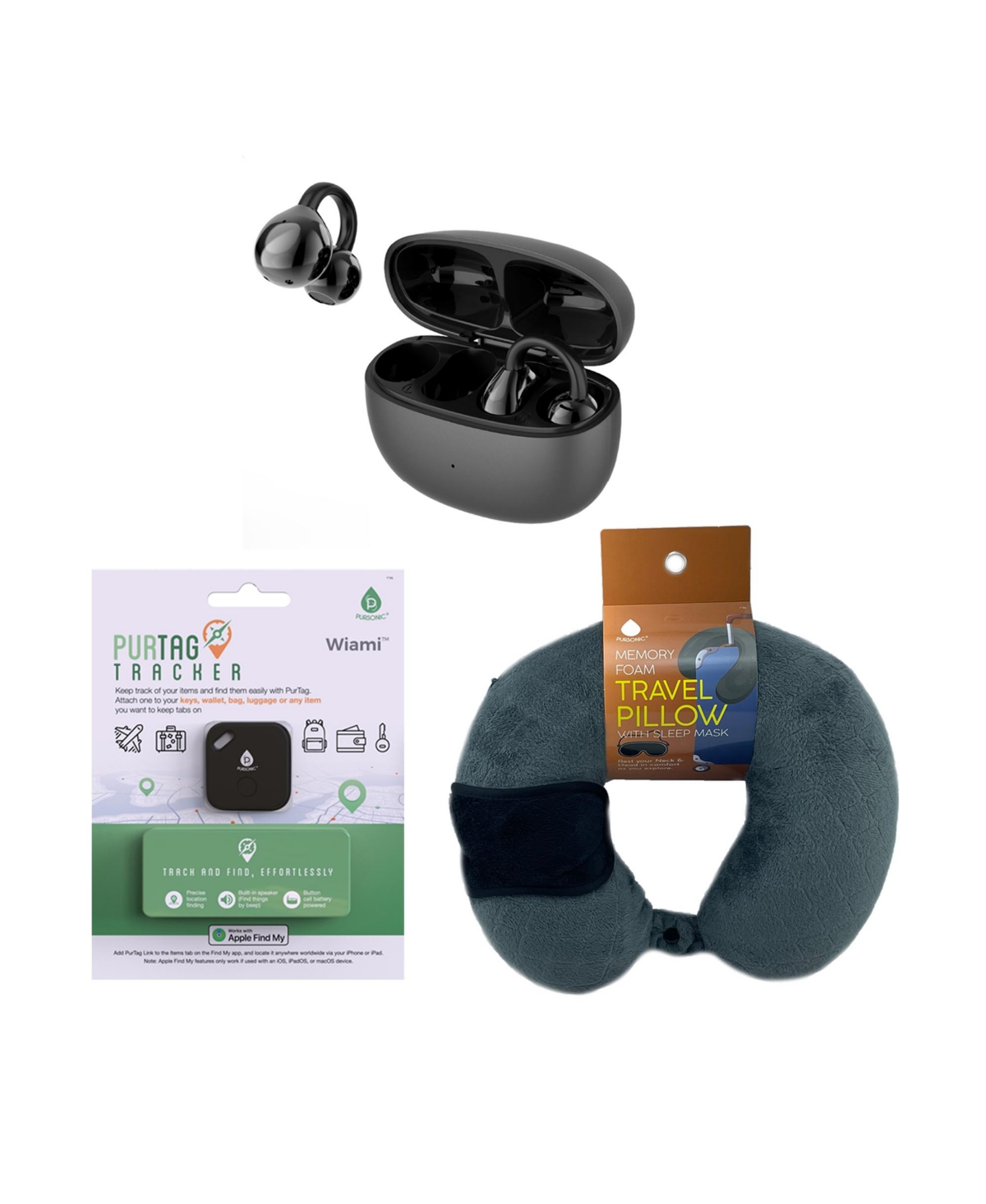 Pursonic Ultimate Travel Essentials Bundle – Wireless Earbuds, Purtag Tracker & Memory Foam Travel Pillow Set