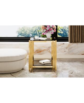 Modern Black Mirror End Table with Gold Finish & Lower Shelf, 19.9
